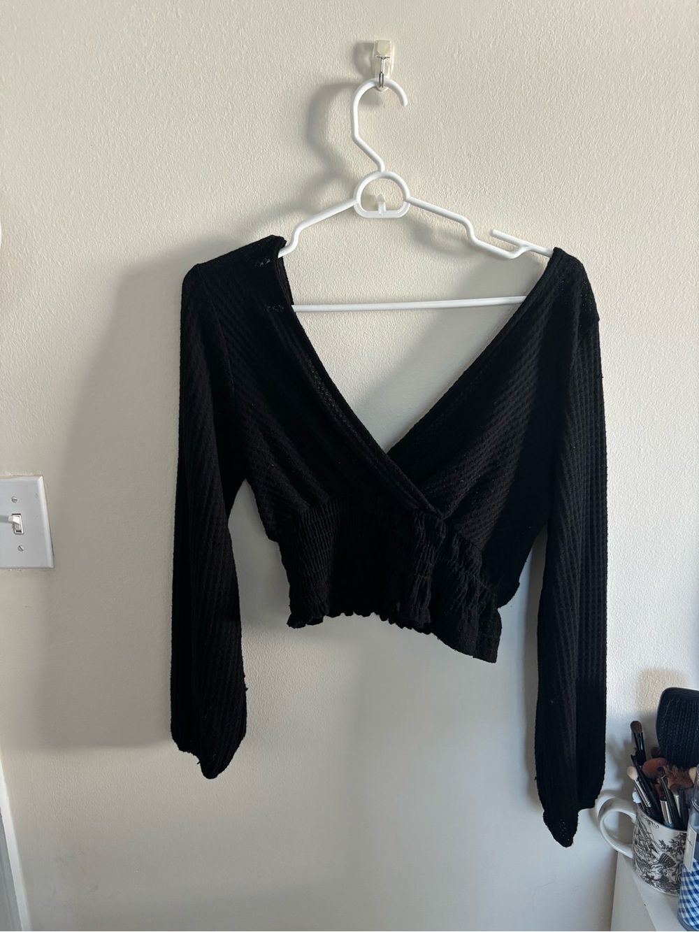 Altar'd State Black Long-Sleeve Wrap Crop Top